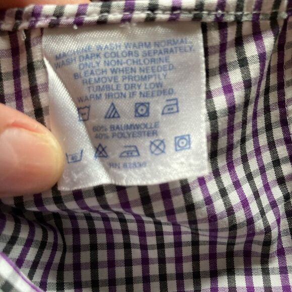 Lands End White Purple Black Gingham Cotton Button Down Long Sleeves Men 16.5 - Picture 8 of 12